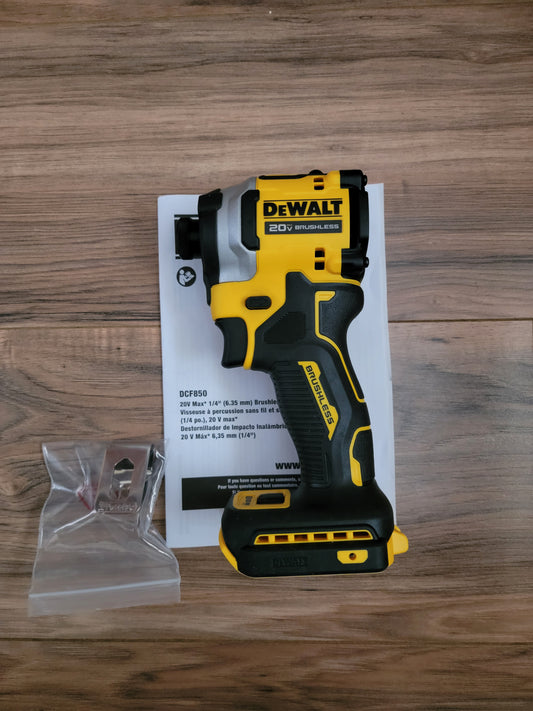 New Dewalt 3-Speed 20v Brushless Atomic 1/4" Impact (Tool + Belt Clip only - DCF850)